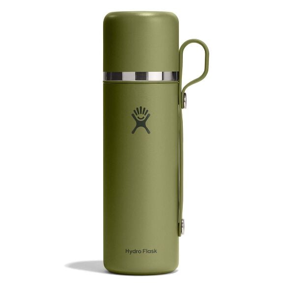 Olive-green Hydro Flask thermos with smooth matte finish, silver metallic band near top, matching side handle, and Hydro Flask logo. Sleek cylindrical design.