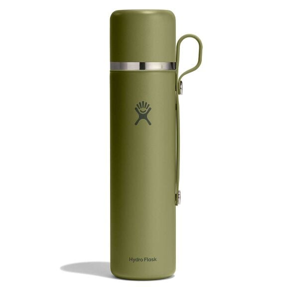 Olive-green Hydro Flask insulated thermos-style bottle with smooth matte finish, shiny silver band near top, matching green side handle, and logo on front.