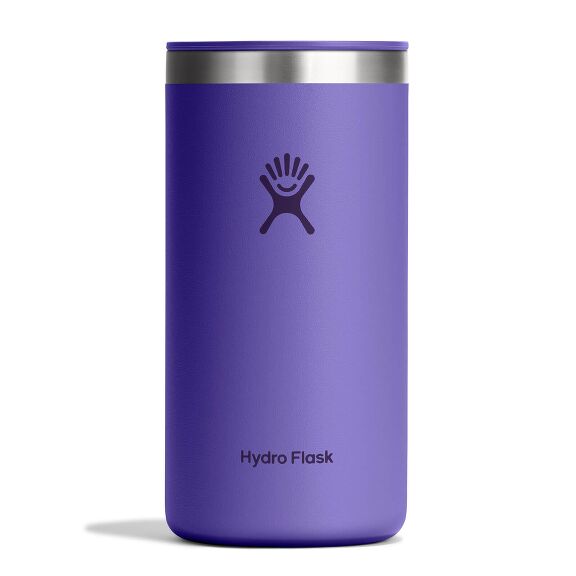 Purple Hydro Flask tumbler with stainless steel rim, matching purple sip lid, matte textured finish, and Hydro Flask logo on front. Clean cylindrical design.