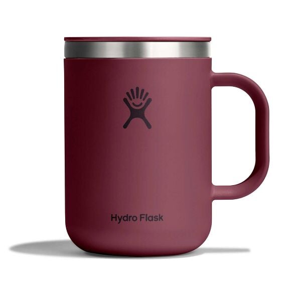 Matte maroon Hydro Flask insulated mug with handle, matching lid, stainless steel band at top edge, small sipping opening, and Hydro Flask logo on front.