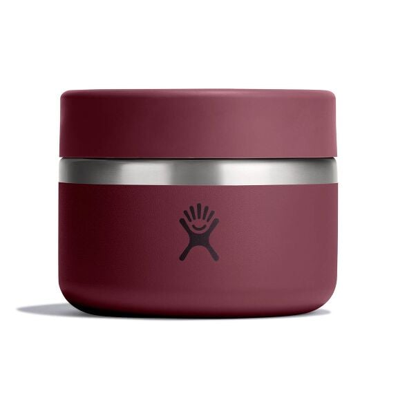 Maroon Hydro Flask cylindrical insulated food container with matte finish, brushed stainless-steel band around the middle, and Hydro Flask logo on front.