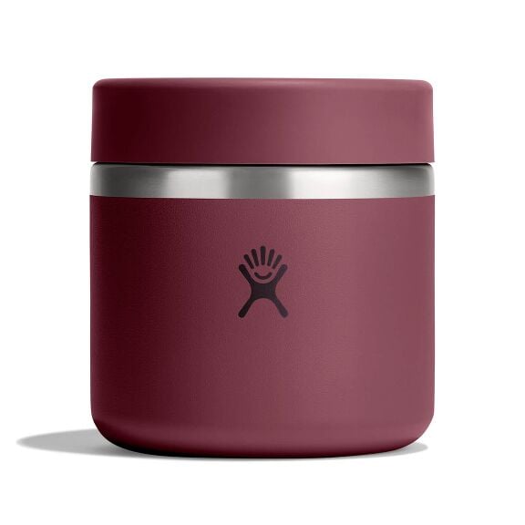 Maroon Hydro Flask cylindrical insulated food jar with matte finish, wide flat screw-on lid, brushed stainless-steel band on upper body, and Hydro Flask logo on front.