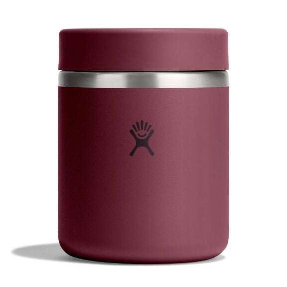 Maroon Hydro Flask cylindrical insulated food container with matching screw-on lid, brushed metal band, matte finish, and Hydro Flask logo on front.