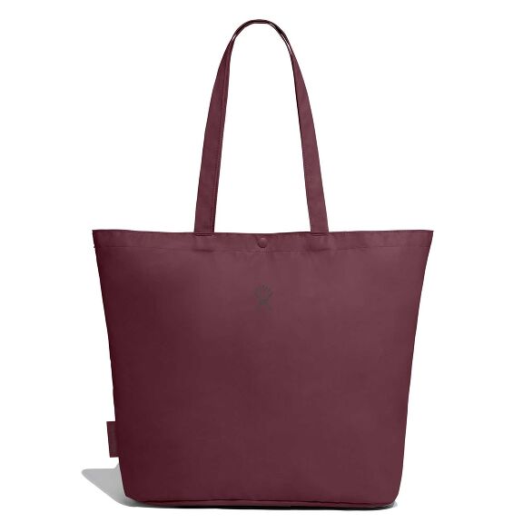 Large burgundy Hydro Flask tote bag with two long shoulder straps, snap-button closure, subtle hand logo on front, and smooth durable fabric. Tapered toward the bottom.