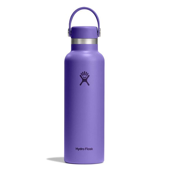 Purple Hydro Flask wide-mouth water bottle with stainless steel band below cap, matching purple flex strap handle, matte textured finish, and logo on front.