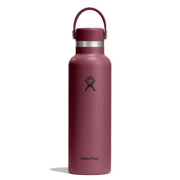 Maroon Hydro Flask water bottle with matte finish, wide mouth, stainless-steel neck band, matching cap with carry handle on metal pivots, and logo on front.
