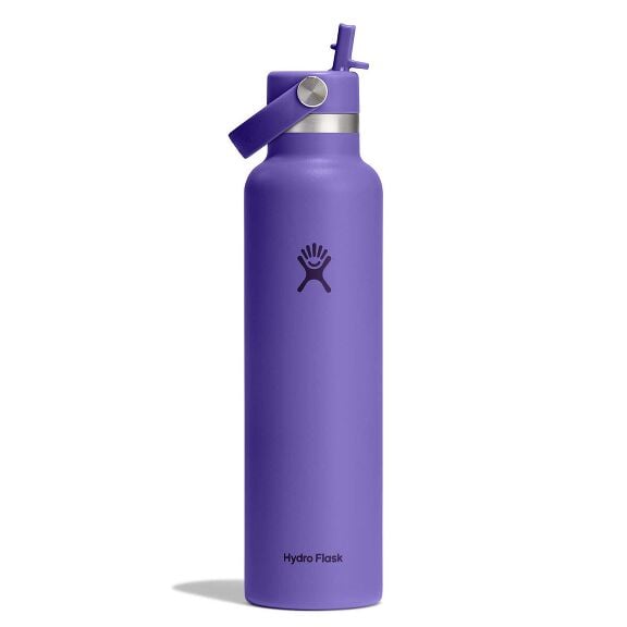 Purple Hydro Flask water bottle with sturdy handle on lid, stainless-steel accent ring, powder-coated finish, and Hydro Flask logo on front. Insulated design.