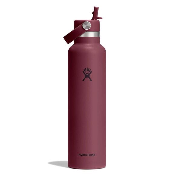 Maroon Hydro Flask wide-mouth water bottle with matte finish, screw-top lid, carry handle on metal pins, silver neck band, and Hydro Flask logo on front.