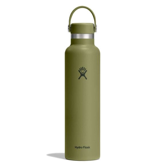Olive green Hydro Flask wide-mouth water bottle with matte finish, stainless steel band, flexible carry handle with metal rivets, and Hydro Flask logo on front.