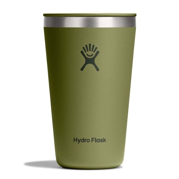 Olive-green Hydro Flask insulated tumbler with lid, stainless-steel rim, small sip opening, matte finish, and Hydro Flask logo on front. Modern design.