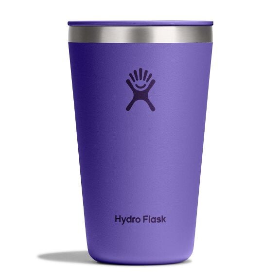 Purple Hydro Flask insulated tumbler with matching lid, brushed stainless steel rim, small sip opening, matte finish, and Hydro Flask logo on front.