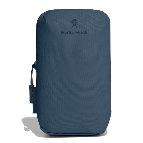 Muted blue Hydro Flask rectangular pouch with rounded corners, textured fabric, logo in darker blue, and side zipper with pull tab.